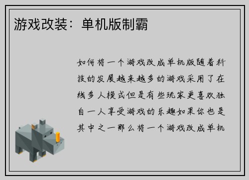 游戏改装：单机版制霸